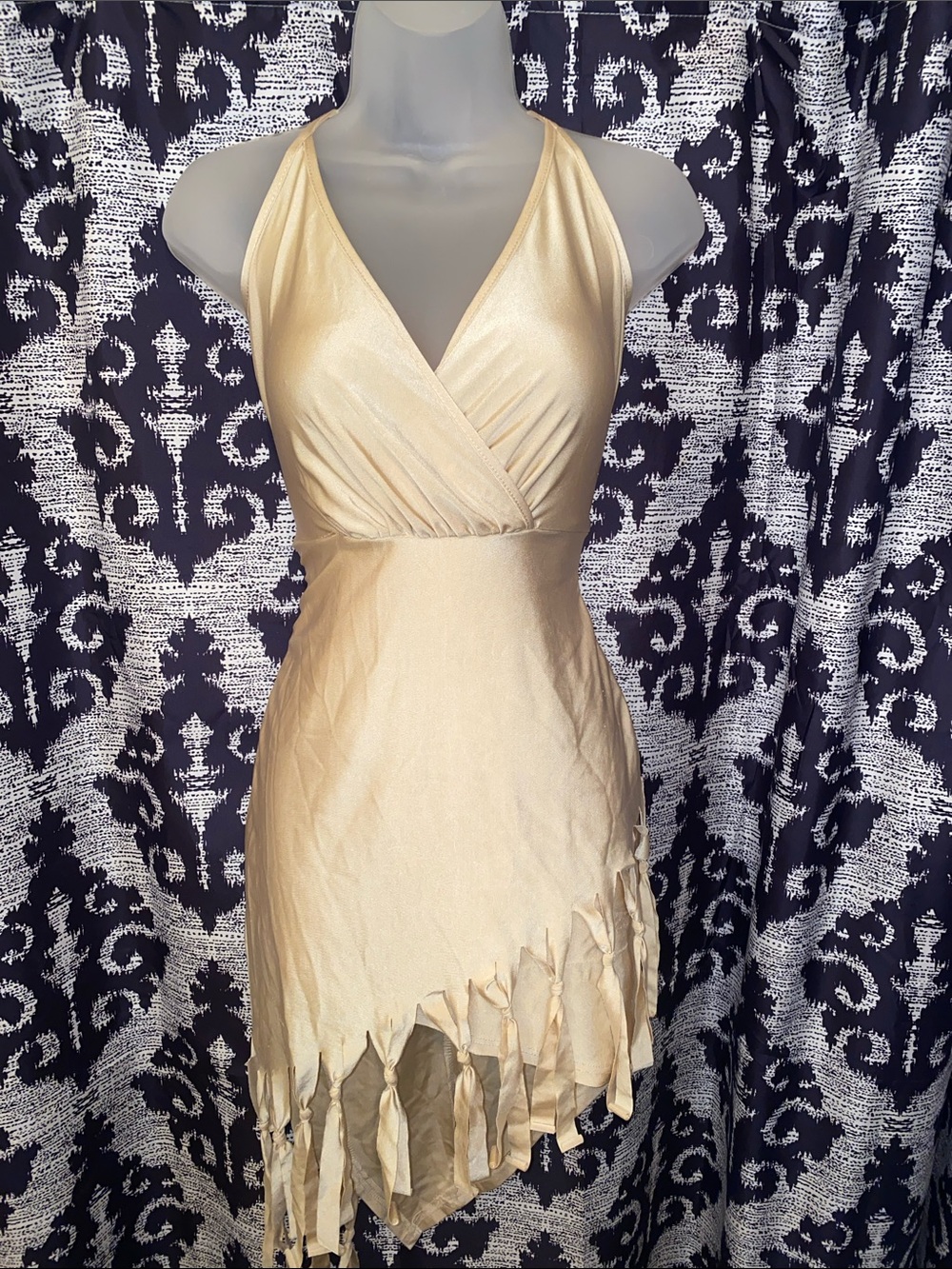Sleeveless Asymmetrical Halter Dress in Gold with Tassel Hem